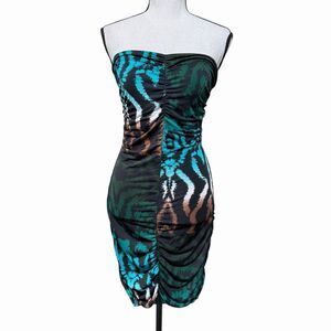 Y2K Strapless Bodycon Mini Dress Ruched Lace Up Back Teal Black S